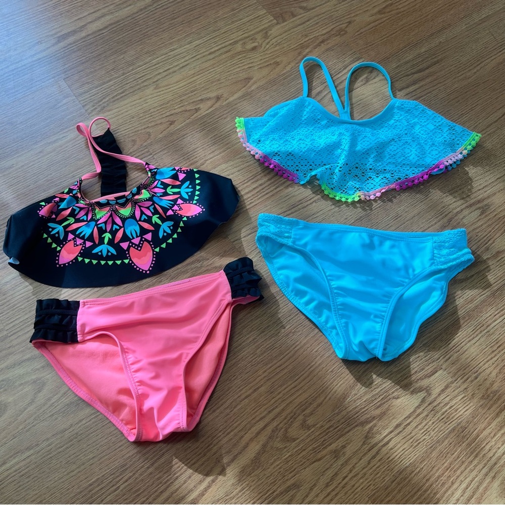 Colorful Kids Swimwear Set Girls Swimsuit Lot 4 Pc Tops & Bottom Size 10